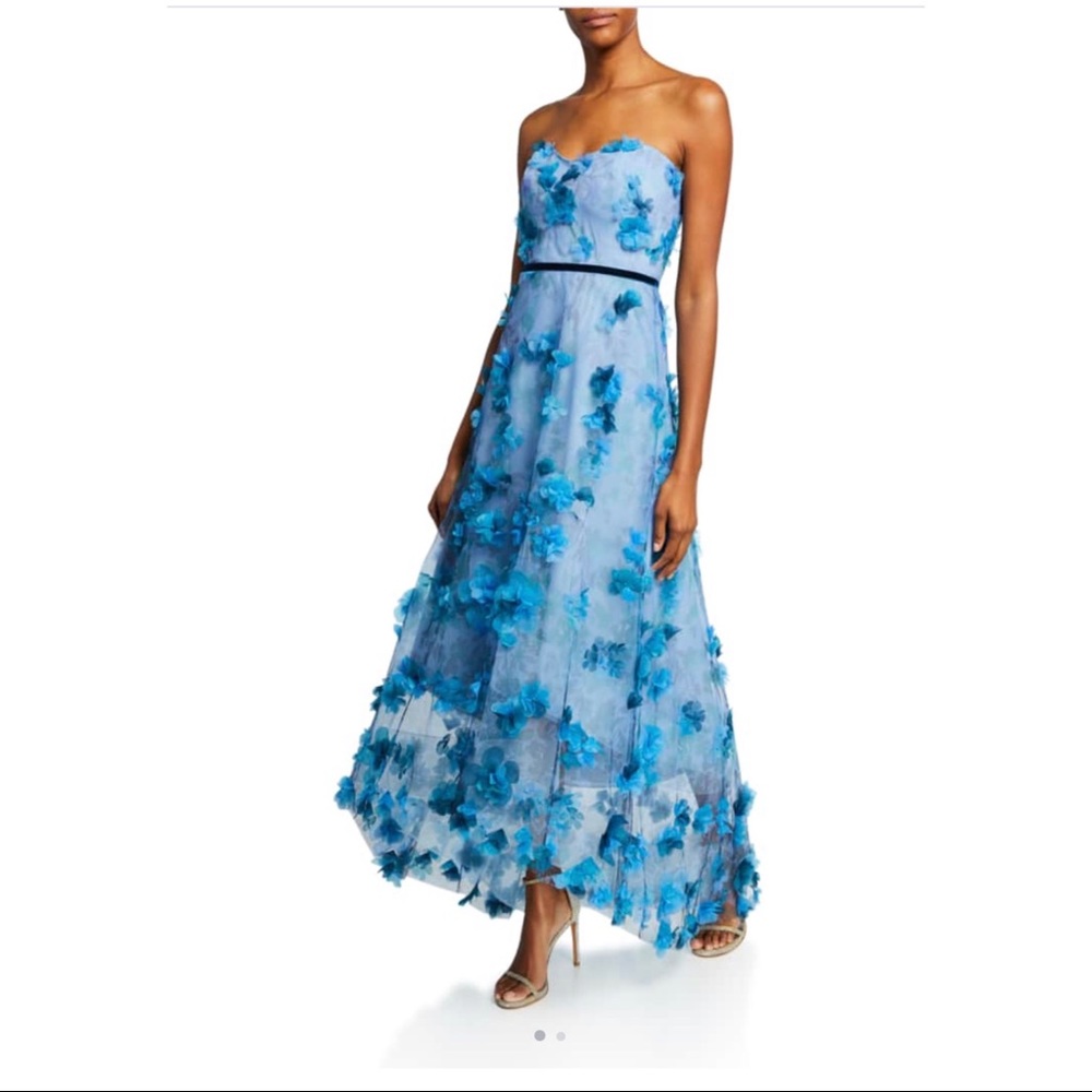 MARCHESA NOTTE BLUE EMBROIDERED DRESS